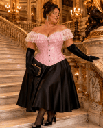 Femme de 40 ans en corset bustier victorien rose grande taille avec dentelle blanche, jupe midi noire satinée et gants d’opéra noirs sur le grand escalier du Palais Garnier à Paris.