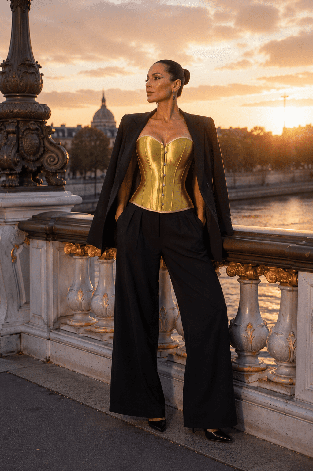 Corset bustier steampunk doré métallique avec blazer noir oversize et pantalon palazzo noir au Pont Alexandre III à Paris.