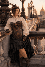 Femme de 45 ans portant un Corset Bustier Steampunk Pirate Marron sur une chemise victorienne crème à manches bouffantes avec mini chapeau haut de forme au Pont Alexandre III.
