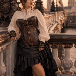 Femme de 45 ans portant un Corset Bustier Steampunk Pirate Marron sur une chemise victorienne crème à manches bouffantes avec mini chapeau haut de forme au Pont Alexandre III.