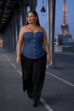 Corset bustier grande taille bleu style jean en denim indigo, sans bretelles, avec fermeture à buscs métalliques sur le devant, coupe cintrée qui souligne la taille et finition sobre inspirée du denim classique.