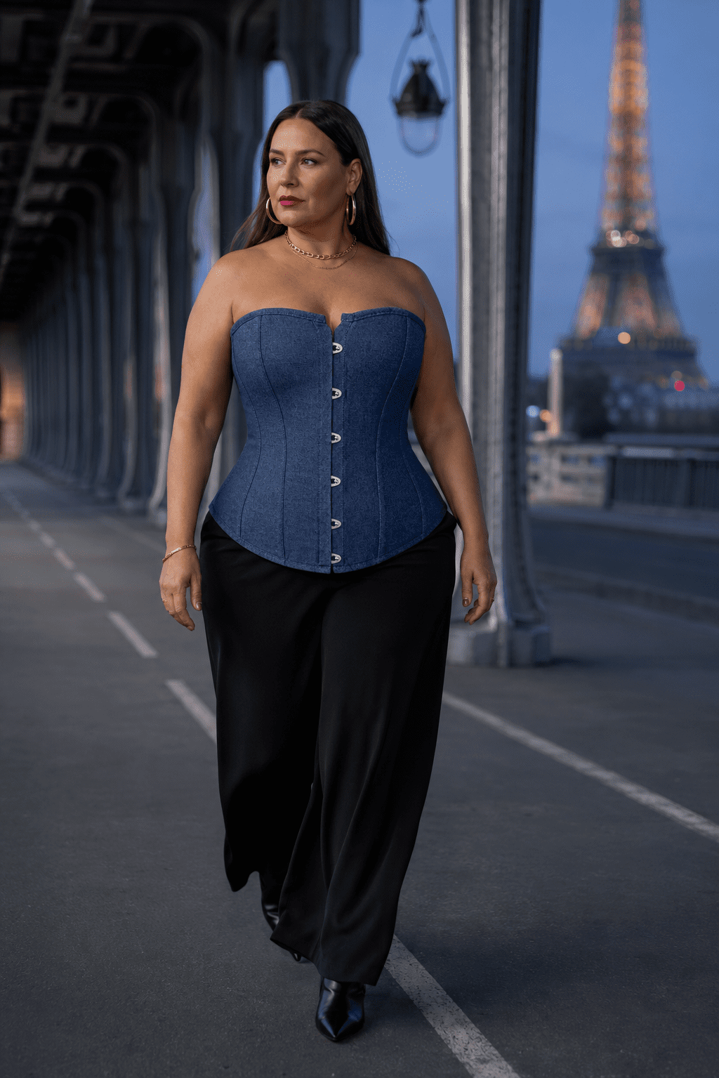 Corset bustier grande taille bleu style jean en denim indigo, sans bretelles, avec fermeture à buscs métalliques sur le devant, coupe cintrée qui souligne la taille et finition sobre inspirée du denim classique.