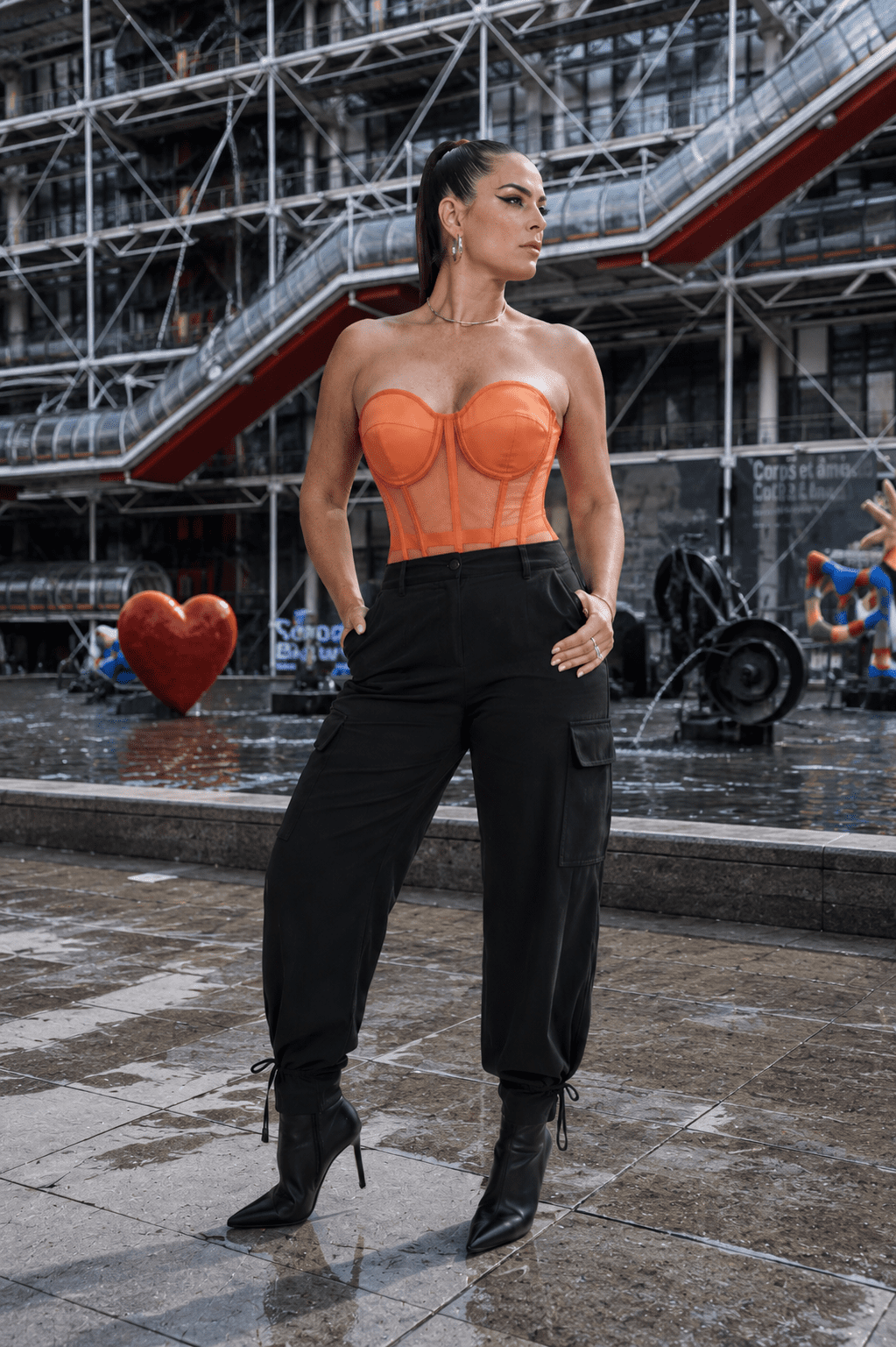 Corset bustier transparent orange porté avec un pantalon cargo noir fluide lors d'une séance photo mode contemporaine à la place Igor Stravinsky à Paris.