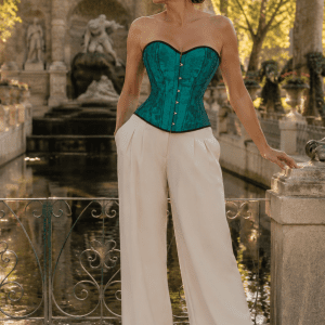 Corset bustier victorien vert émeraude en brocart satiné porté avec un pantalon palazzo crème à la fontaine de Médicis à Paris lors de la golden hour du matin.