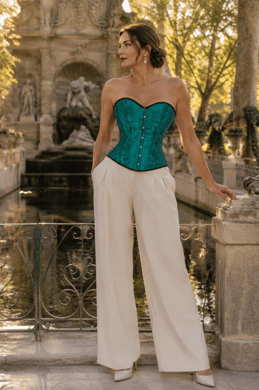 Corset bustier victorien vert émeraude en brocart satiné porté avec un pantalon palazzo crème à la fontaine de Médicis à Paris lors de la golden hour du matin.