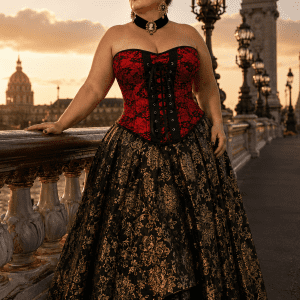 Corset grande taille rouge et noir à motif floral en dentelle, style gothique romantique, avec laçage noir au dos et finition élégante.