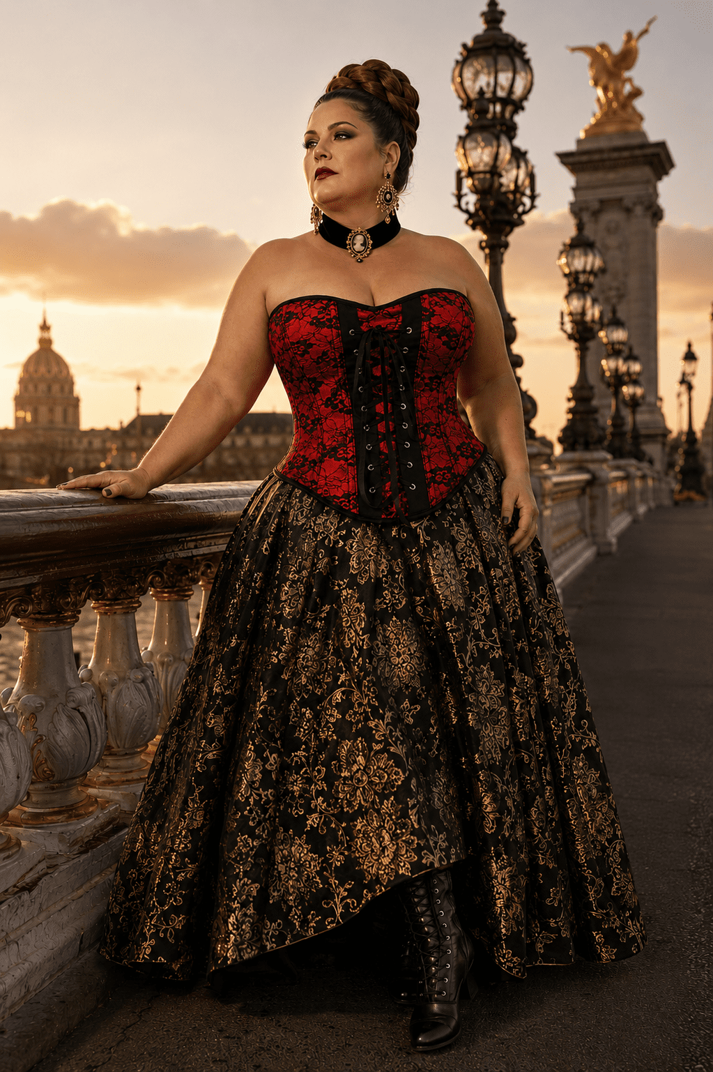 Corset grande taille rouge et noir à motif floral en dentelle, style gothique romantique, avec laçage noir au dos et finition élégante.