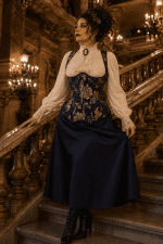 Corset underbust bleu indigo et doré en brocart baroque porté au Palais Garnier avec jupe satin bleu nuit et chemisier victorien
