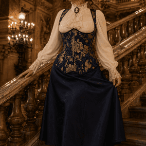 Corset underbust bleu indigo et doré en brocart baroque porté au Palais Garnier avec jupe satin bleu nuit et chemisier victorien