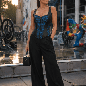Photo éditoriale de mode d'un corset gothique romantique néo-victorien bleu roi en dentelle avec empiècements en similicuir noir, porté avec un pantalon noir fluide taille haute sur la place Stravinsky à Paris.