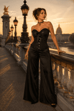 Femme de 45 ans portant un corset gothique noir bustier victorien à motifs ton sur ton, associé à un pantalon palazzo noir en satin, photographiée au pont Alexandre III à Paris durant la golden hour.