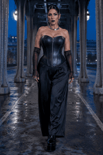 Corset bustier gothique noir en simili cuir porté avec un pantalon palazzo noir satiné au pont Bir-Hakeim à Paris à la blue hour