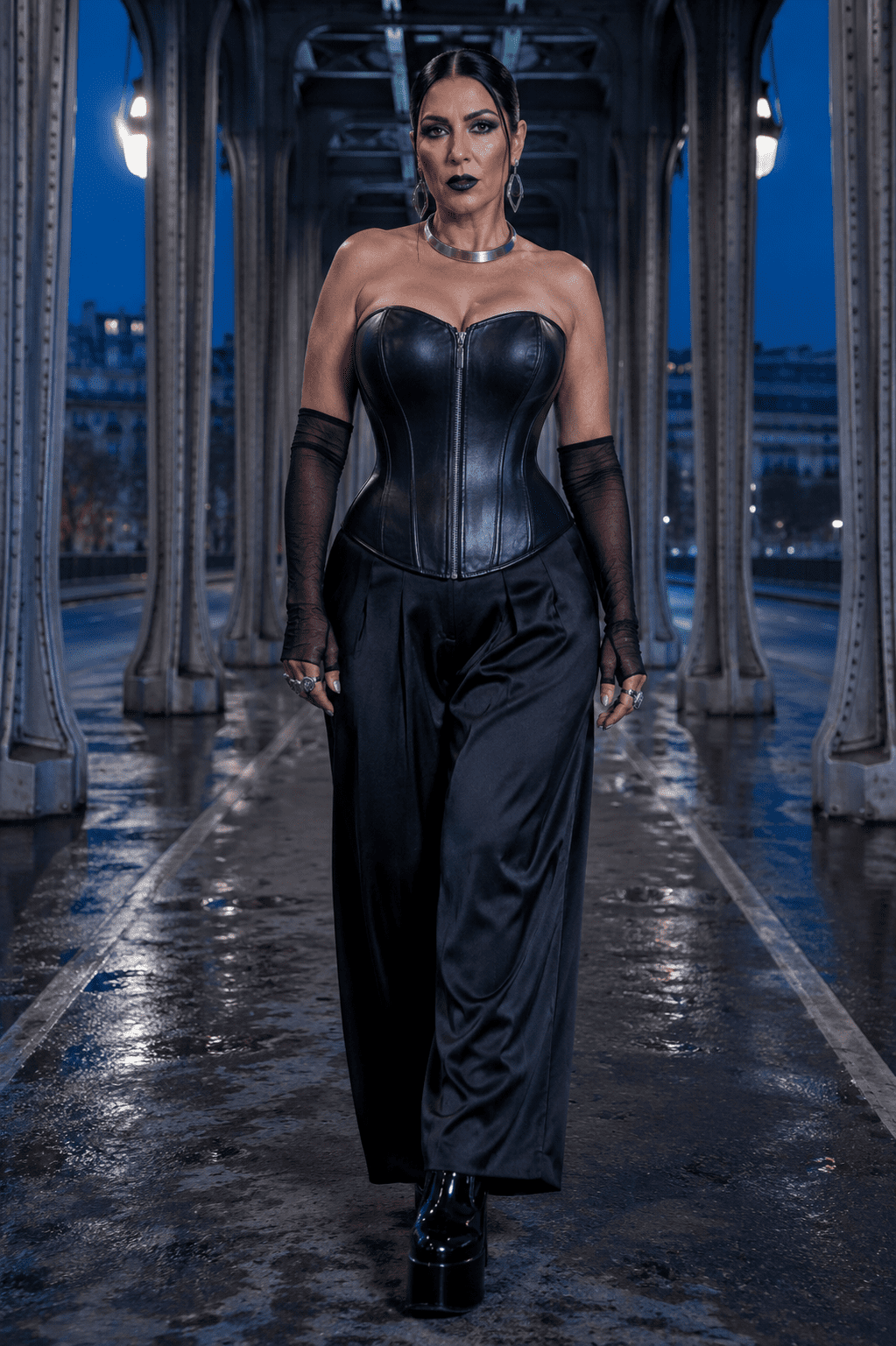 Corset bustier gothique noir en simili cuir porté avec un pantalon palazzo noir satiné au pont Bir-Hakeim à Paris à la blue hour