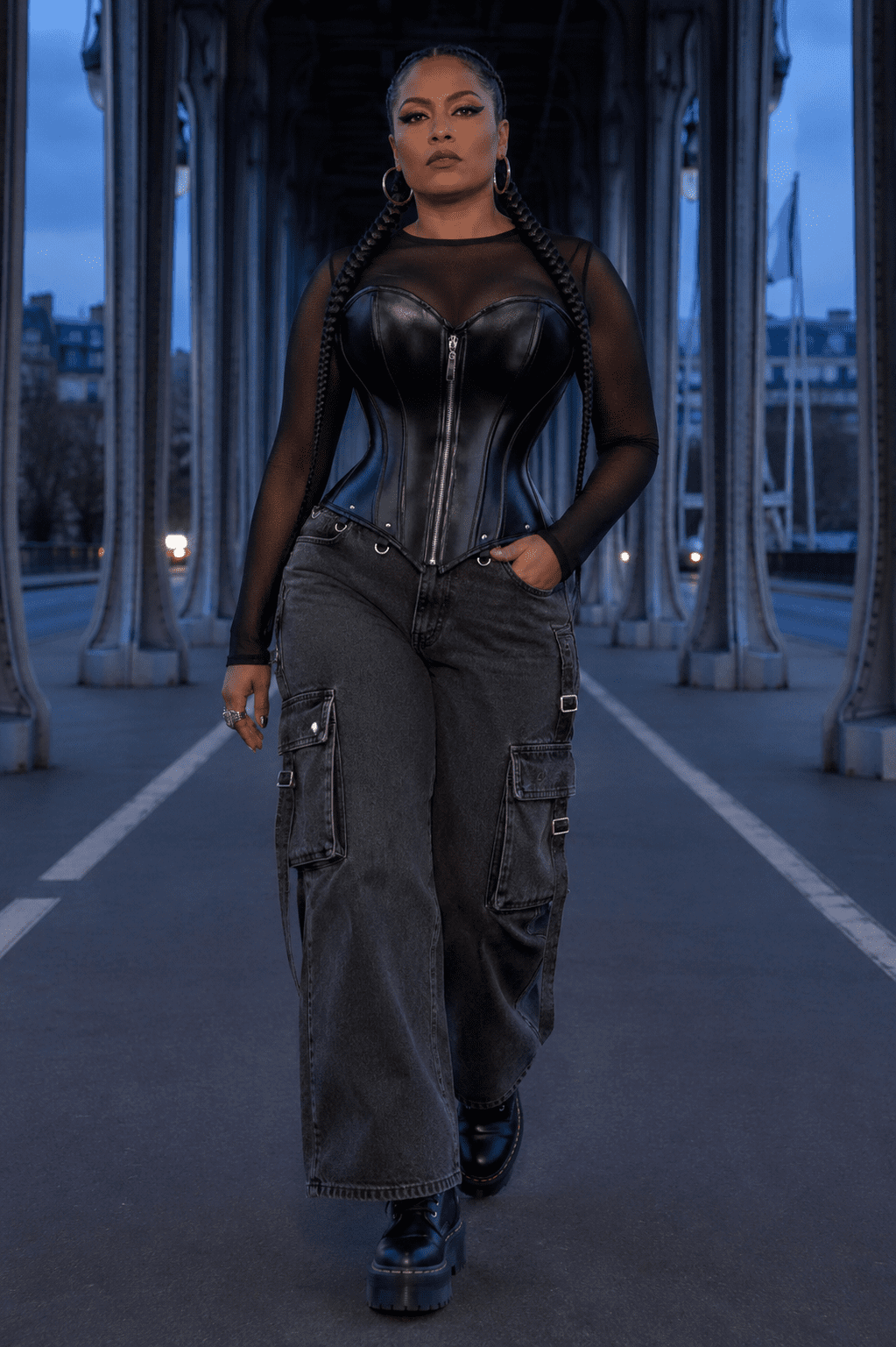 corset gothique noir en similicuir avec zip frontal argenté, coupe bustier cœur, baleinage apparent et attaches pour porte-jarretelles, porté avec un pantalon cargo large gris anthracite sur le pont Bir-Hakeim à Paris