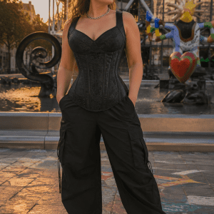Femme de 40 ans portant un corset gothique noir jacquard à bretelles avec motifs floraux ton sur ton, associé à un pantalon cargo noir oversize et des baskets blanches à la place Igor Stravinsky à Paris au coucher du soleil.