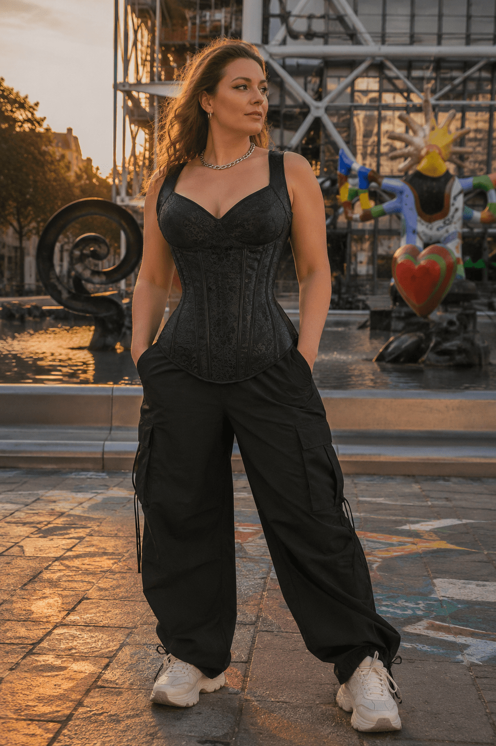 Femme de 40 ans portant un corset gothique noir jacquard à bretelles avec motifs floraux ton sur ton, associé à un pantalon cargo noir oversize et des baskets blanches à la place Igor Stravinsky à Paris au coucher du soleil.