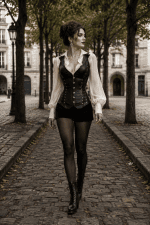 Femme de 40 ans portant un corset noir en similicuir à licou avec blouse en mousseline blanc cassé, short en velours noir et bottines victoriennes, photographiée en marche à la place Dauphine à Paris.