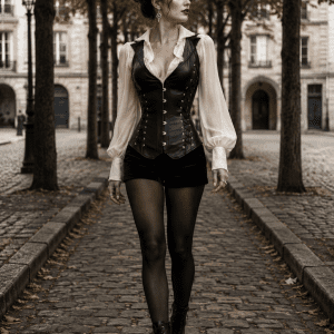 Femme de 40 ans portant un corset noir en similicuir à licou avec blouse en mousseline blanc cassé, short en velours noir et bottines victoriennes, photographiée en marche à la place Dauphine à Paris.