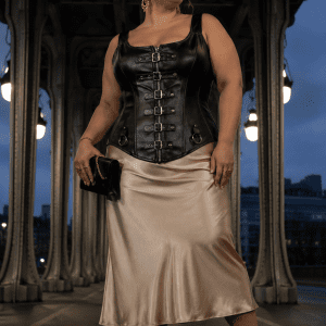 Femme élégante portant un corset gothique noir en similicuir grande taille au Pont Bir-Hakeim à Paris, associé à une jupe midi satin champagne lors d’un shooting mode éditorial à la blue hour.