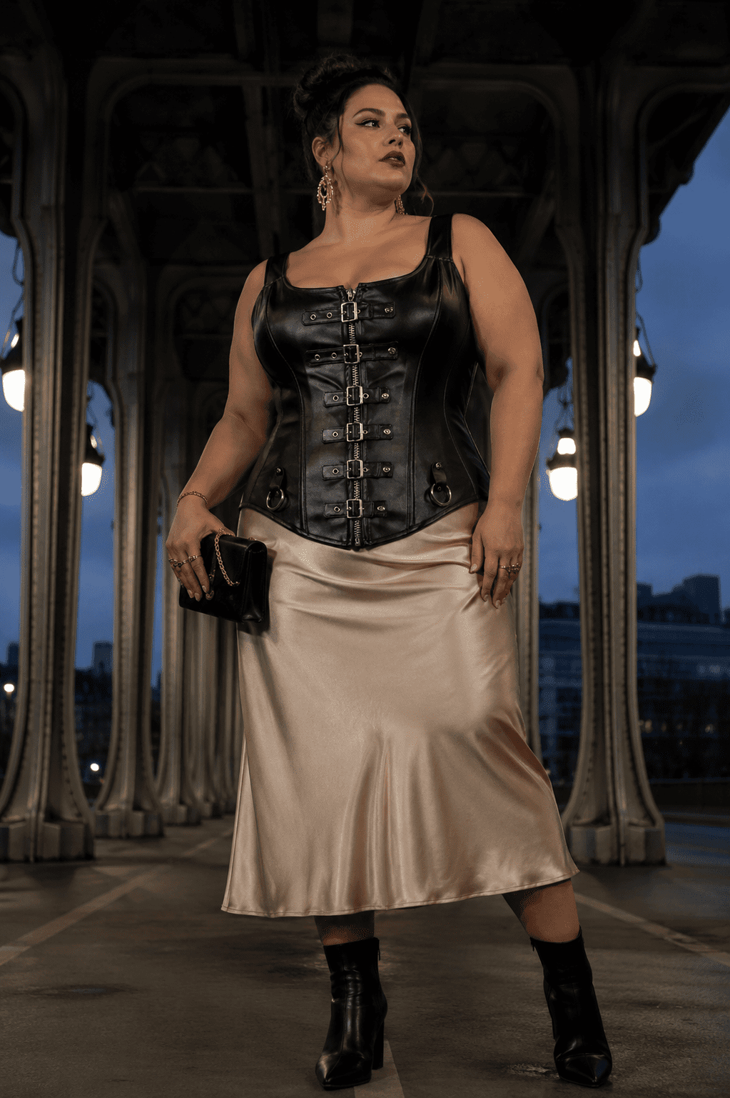 Femme élégante portant un corset gothique noir en similicuir grande taille au Pont Bir-Hakeim à Paris, associé à une jupe midi satin champagne lors d’un shooting mode éditorial à la blue hour.