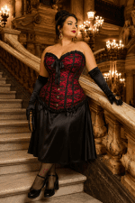 Femme de 40 ans taille 2XL portant un corset gothique rouge et noir en dentelle florale avec jupe satinée noire sur le grand escalier de marbre du Palais Garnier.