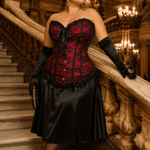 Femme de 40 ans taille 2XL portant un corset gothique rouge et noir en dentelle florale avec jupe satinée noire sur le grand escalier de marbre du Palais Garnier.