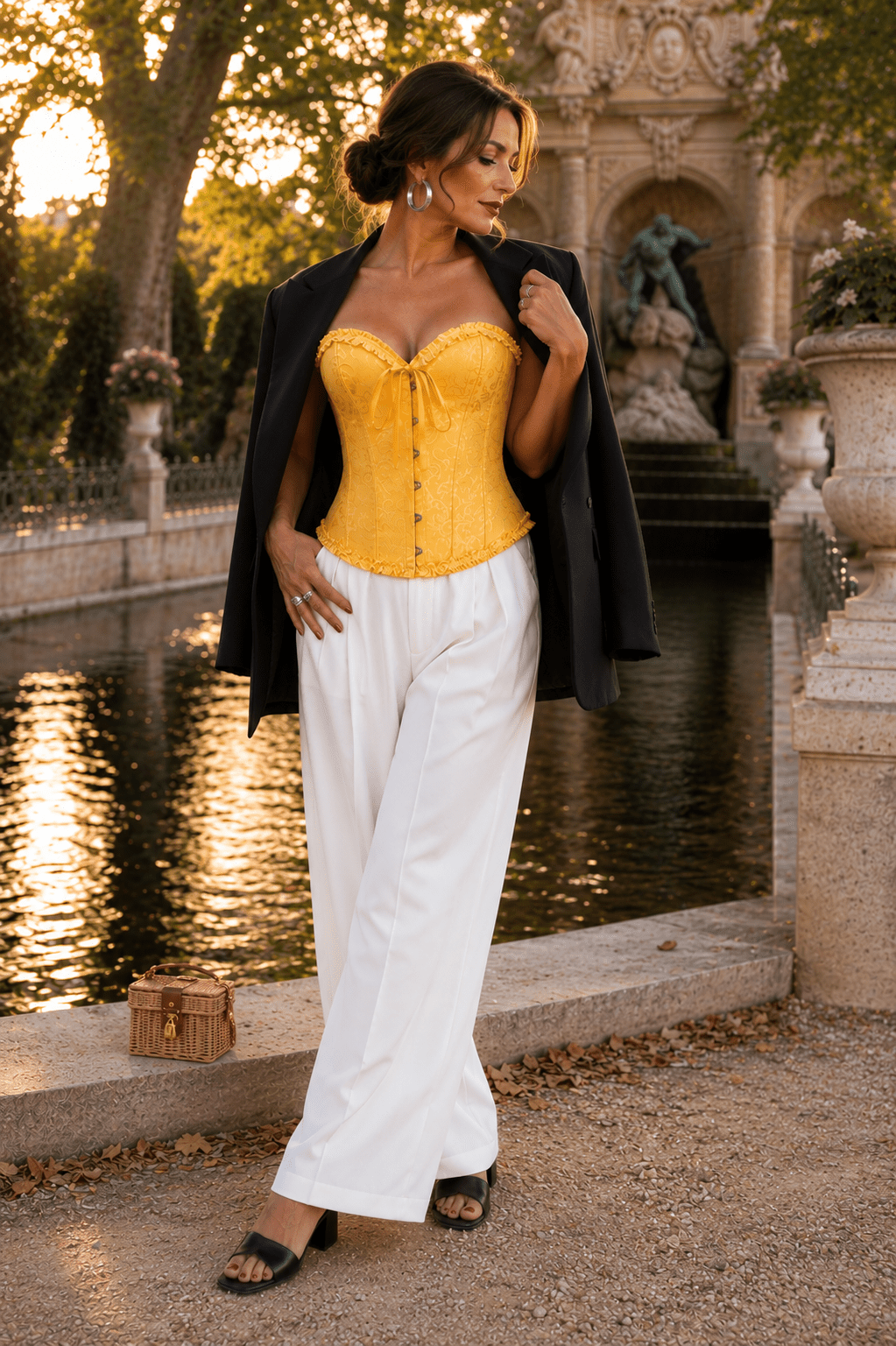 Femme de 45 ans portant un corset jaune écarlate style vintage avec blazer noir oversize à la Fontaine Médicis à Paris