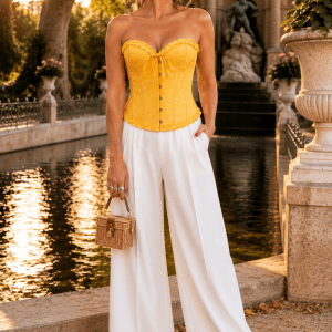 Femme de 45 ans portant un corset jaune écarlate style vintage avec pantalon palazzo blanc à la Fontaine Médicis du Jardin du Luxembourg à Paris