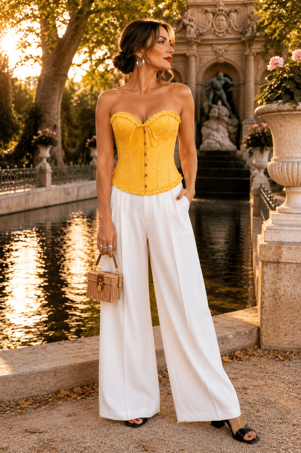Femme de 45 ans portant un corset jaune écarlate style vintage avec pantalon palazzo blanc à la Fontaine Médicis du Jardin du Luxembourg à Paris