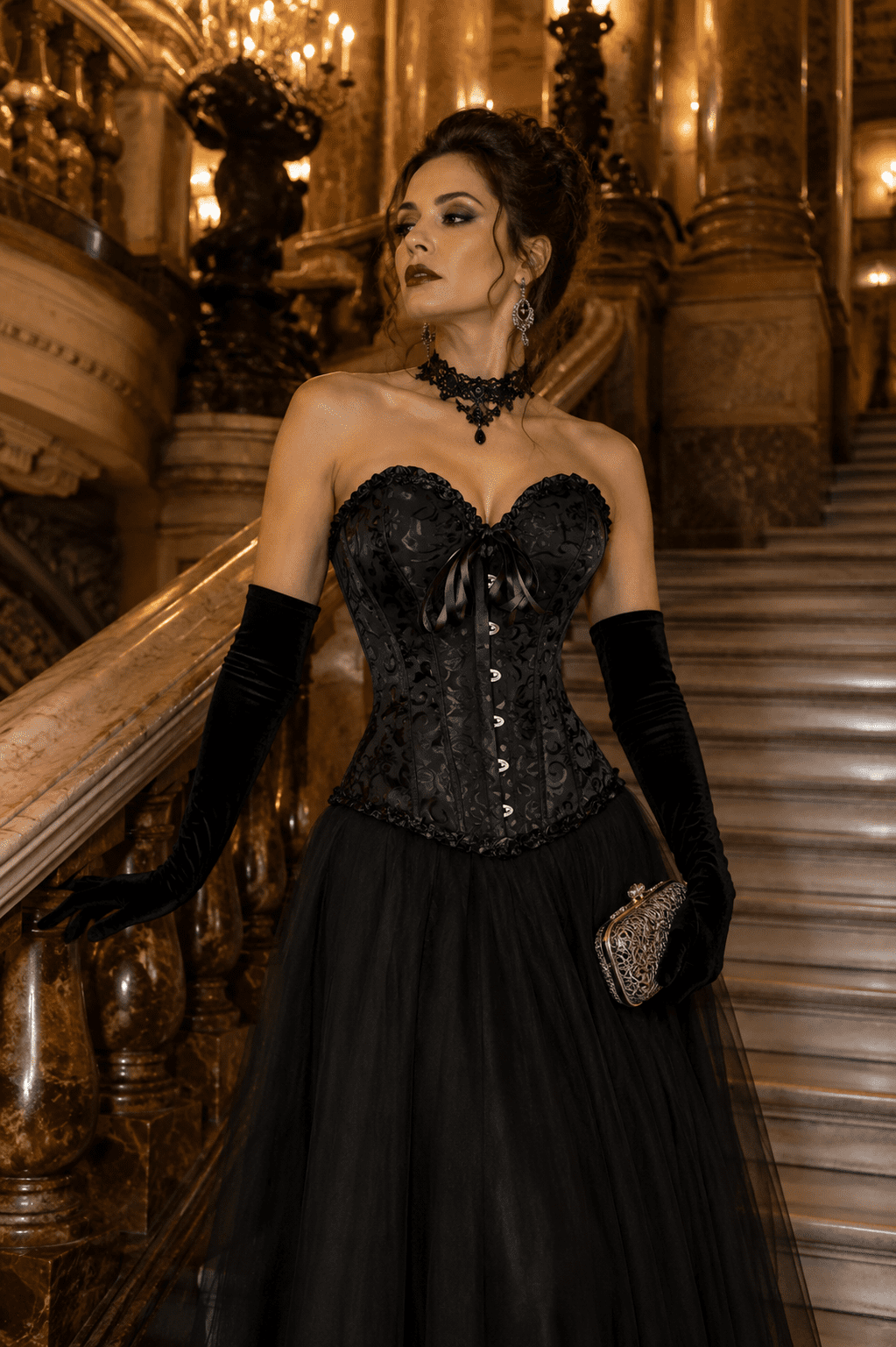 Corset néo-victorien noir bustier vintage en brocart baroque ton sur ton porté avec une longue jupe en tulle noir sur le grand escalier du Palais Garnier à Paris.