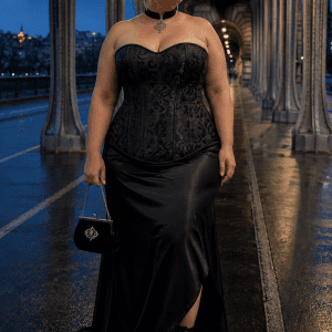 Femme élégante de 40 ans taille 3XL portant un corset noir brocart floral grande taille avec une jupe maxi en satin noir au pont Bir-Hakeim à Paris pendant la blue hour.