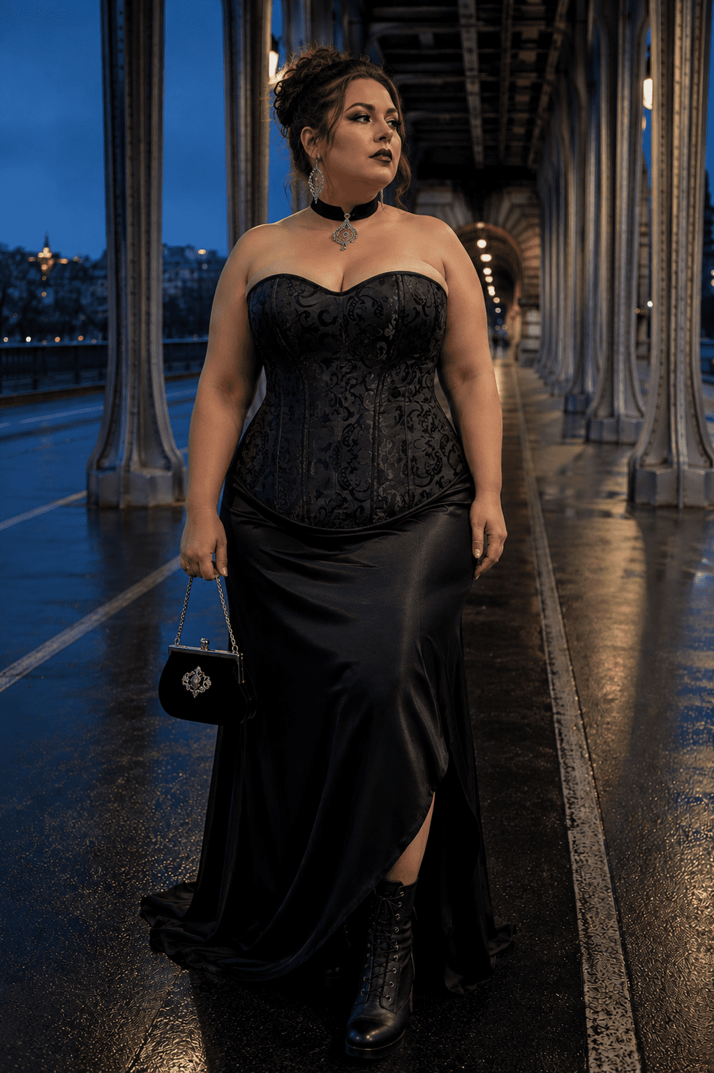 Femme élégante de 40 ans taille 3XL portant un corset noir brocart floral grande taille avec une jupe maxi en satin noir au pont Bir-Hakeim à Paris pendant la blue hour.