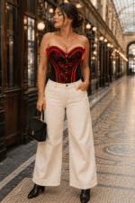 Femme de 45 ans portant un corset noir et rouge style French Cancan avec jean wide leg crème dans le Passage Jouffroy à Paris.