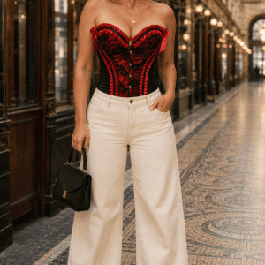 Femme de 45 ans portant un corset noir et rouge style French Cancan avec jean wide leg crème dans le Passage Jouffroy à Paris.