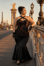 Femme de 40 ans taille 3XL portant un corset noir à fleurs rouges grande taille avec col croisé, jupe sirène en satin noir et mitaines en dentelle noire sur le Pont Alexandre III à Paris, sous une lumière dorée de fin de journée.