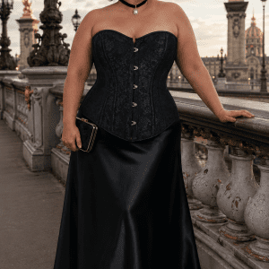 Corset noir fleuri grande taille en jacquard ton sur ton, avec fermeture à busc métallique sur le devant et coupe cintrée mettant en valeur la silhouette. Présenté dans un look élégant avec une jupe longue en satin noir lors d'une séance photo éditoriale au Pont Alexandre III à Paris.