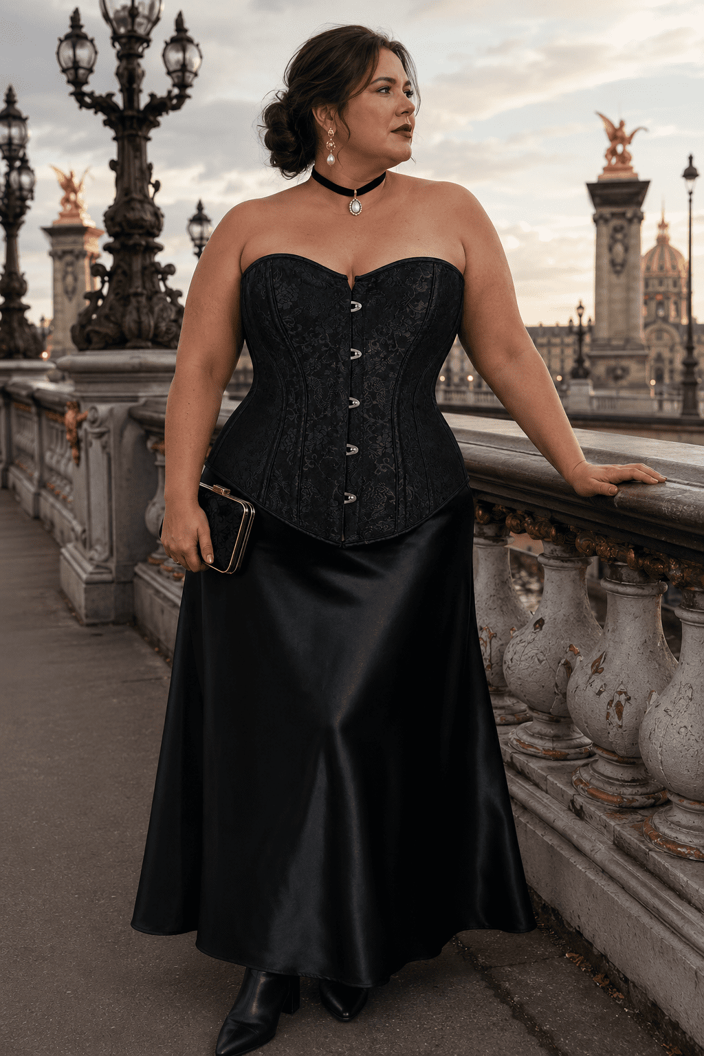 Corset noir fleuri grande taille en jacquard ton sur ton, avec fermeture à busc métallique sur le devant et coupe cintrée mettant en valeur la silhouette. Présenté dans un look élégant avec une jupe longue en satin noir lors d'une séance photo éditoriale au Pont Alexandre III à Paris.