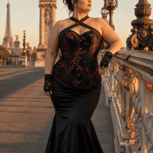 Femme de 40 ans taille 3XL portant un corset noir à fleurs rouges grande taille avec col croisé, jupe sirène en satin noir et mitaines en dentelle noire sur le Pont Alexandre III à Paris, sous une lumière dorée de fin de journée.