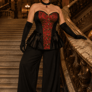 Corset gothique grande taille noir et rouge en brocart damassé, bustier sans bretelles à encolure cœur, panneaux noirs structurés, fermeture à busk sur le devant, basque évasée ornée de nœuds satin noirs, style victorien et gothique élégant.