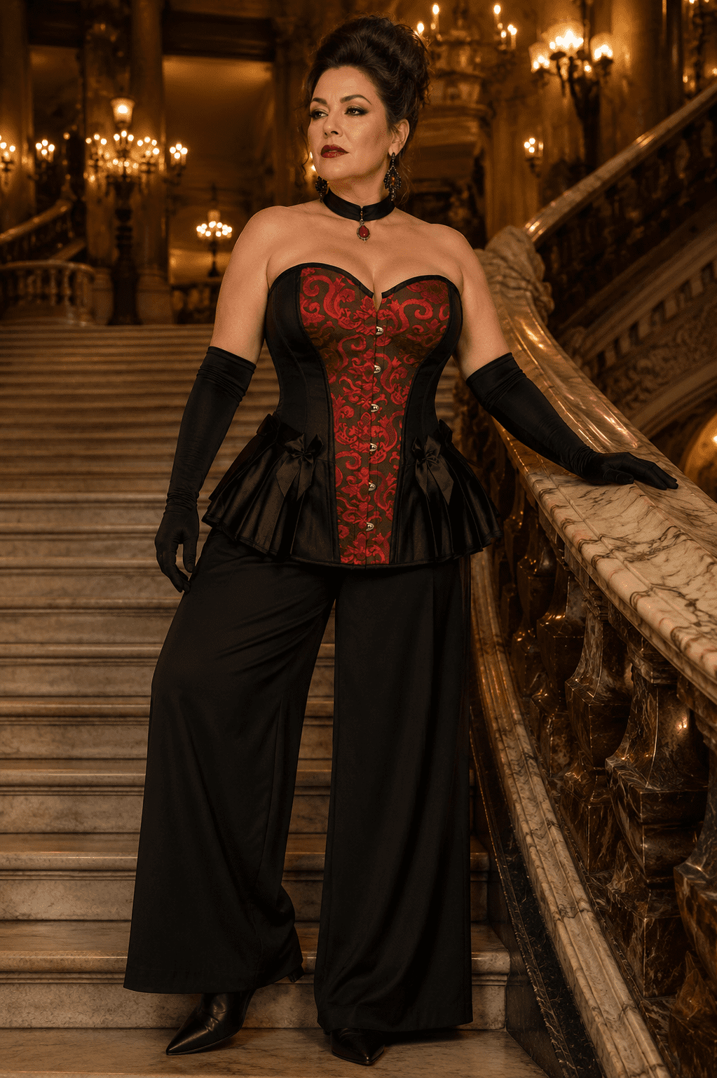 Corset gothique grande taille noir et rouge en brocart damassé, bustier sans bretelles à encolure cœur, panneaux noirs structurés, fermeture à busk sur le devant, basque évasée ornée de nœuds satin noirs, style victorien et gothique élégant.