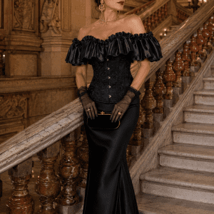 Photo de mode éditoriale au Palais Garnier à Paris mettant en scène un corset bustier noir victorien à manches bouffantes porté avec une longue jupe sirène en satin noir. Le look est complété par des gants en tulle noir, des bijoux dorés baroques et une pochette en velours noir, dans l'ambiance raffinée du grand escalier de marbre.