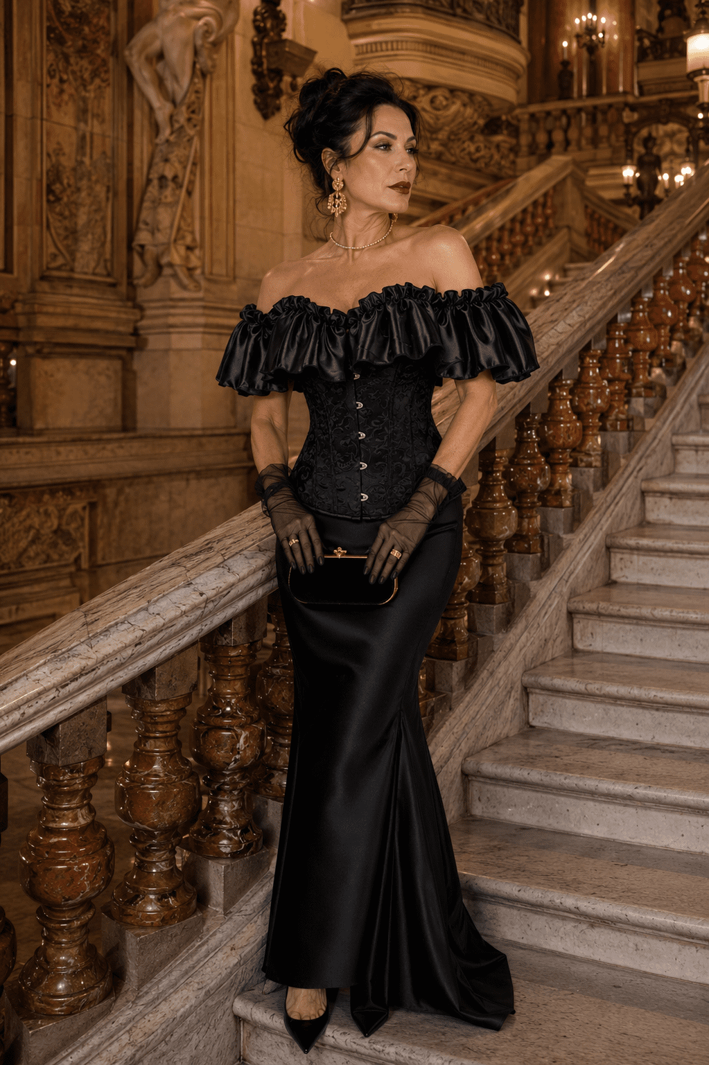 Photo de mode éditoriale au Palais Garnier à Paris mettant en scène un corset bustier noir victorien à manches bouffantes porté avec une longue jupe sirène en satin noir. Le look est complété par des gants en tulle noir, des bijoux dorés baroques et une pochette en velours noir, dans l'ambiance raffinée du grand escalier de marbre.