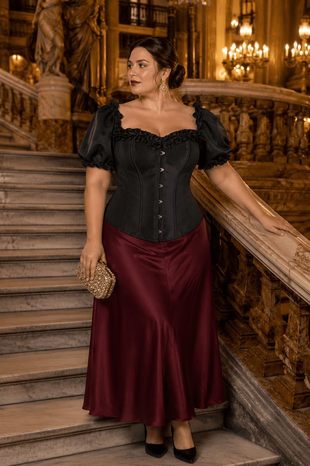 femme portant un corset noir élégant avec manches bouffantes et jupe satin bordeaux dans le grand escalier du palais garnier à paris