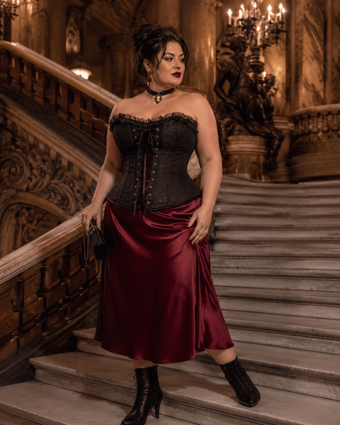 Femme de 40 ans taille 3XL portant un corset noir néo-victorien grande taille avec jupe midi satin bordeaux dans le grand escalier du Palais Garnier à Paris.