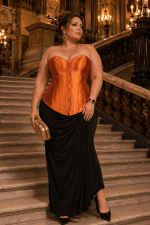 Femme élégante de 40 ans portant un corset orange satiné grande taille avec une longue jupe noire drapée sur le grand escalier de marbre du Palais Garnier, dans une ambiance de lumière dorée raffinée.