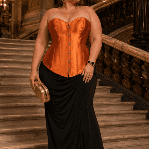 Femme élégante de 40 ans portant un corset orange satiné grande taille avec une longue jupe noire drapée sur le grand escalier de marbre du Palais Garnier, dans une ambiance de lumière dorée raffinée.