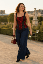 Corset bustier gothique rouge et noir porté avec un jean bleu brut au jardin des Tuileries à Paris.