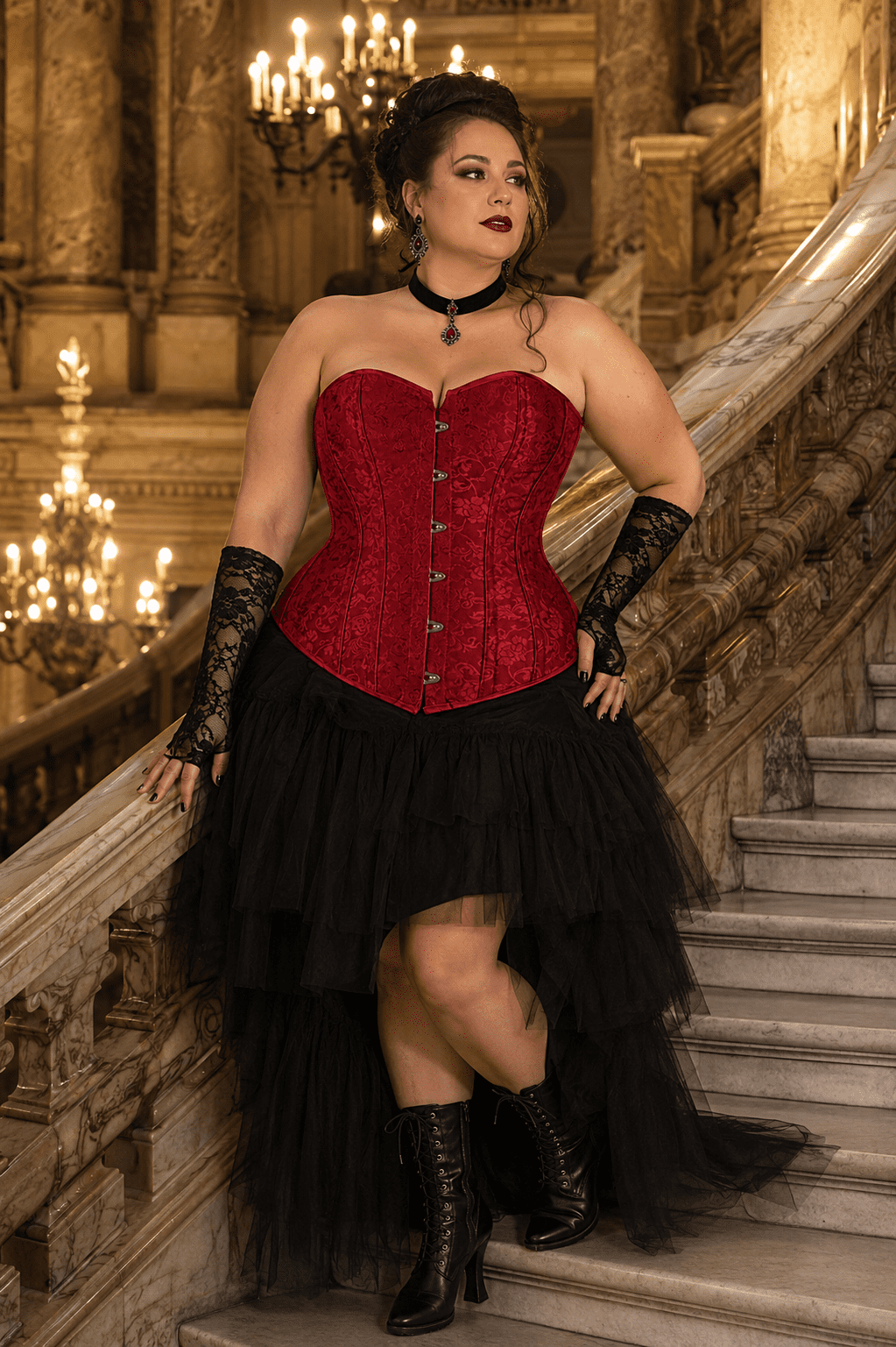 Femme grande taille portant un corset gothique rouge brocart au Palais Garnier, avec jupe asymétrique en tulle noir et bottines victoriennes.