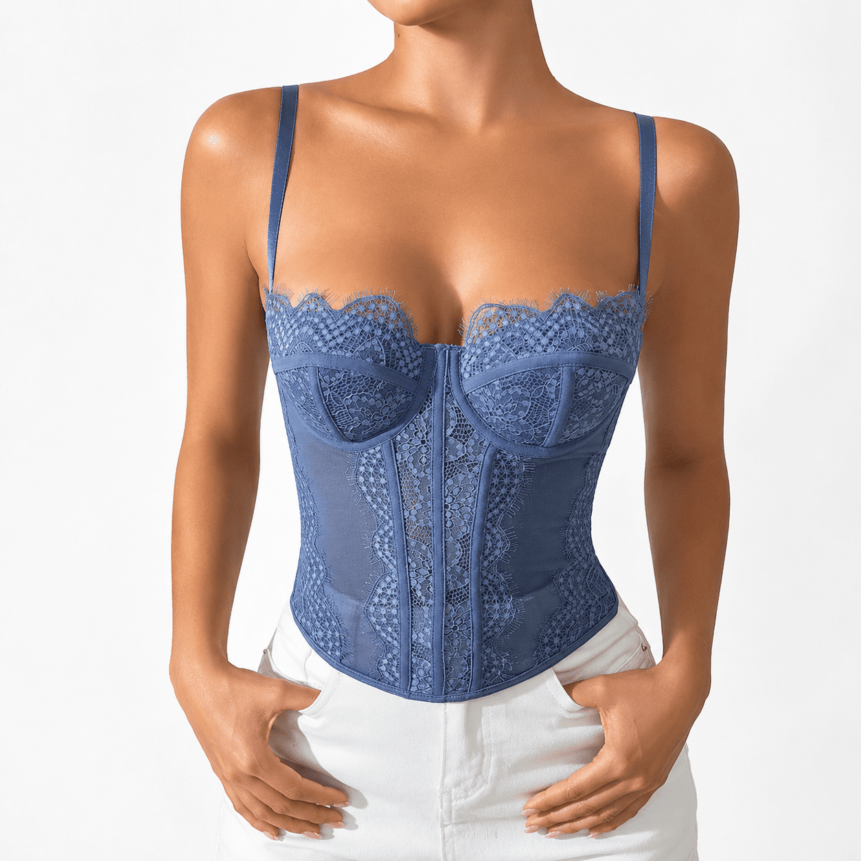 Bustier Corset Bleu Pastel à Dentelle Florale – Image 2