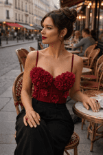 corset soutien-gorge jean rouge bordeaux fleurs 3d femme 35 ans cafe parisien terrasse pantalon palazzo noir look chic